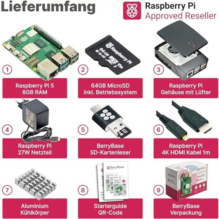 BerryBase Raspberry Pi 5 Starterkit, 64GB microSDHC mit Pi OS, Gehäuse, Netzteil, HDMI-Kabel, 8GB RAM, schwarz – Bild 2