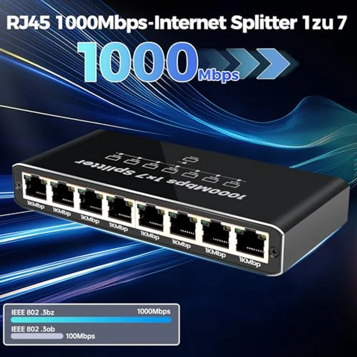 Bundviel LAN Splitter 1 auf 7 Gigabit Ethernet Switch 1000Mbps, RJ45 Netzwerk Verteiler mit USB-C Stromversorgung, ideal für Router, Computer, IPTV, Smart-Kameras und mehr – Bild 2