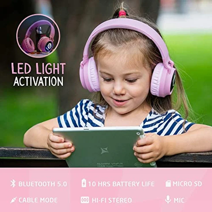 PowerLocus Bluetooth-Kopfhörer für Kinder, kabellos, 85 dB Lautstärkebegrenzung, Stereo-Sound, mit Mikrofon und Micro-SD, faltbar für Handy, Tablet, PC – Bild 2