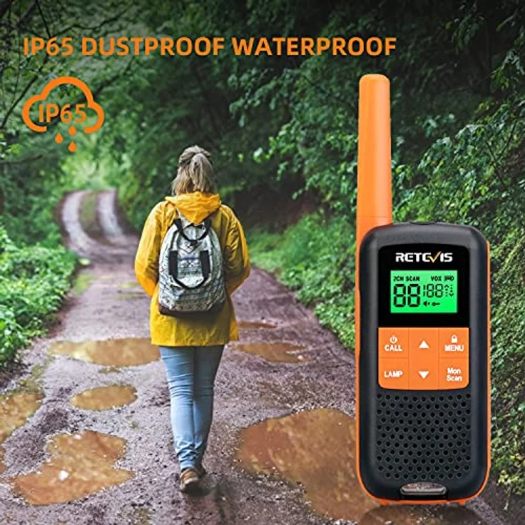 Retevis RT649 Walkie Talkie Lizenzfrei PMR446 Funkgerät Set 16 Kanäle VOX LED Taschenlampe IP65 Wasserdichtes Scan Zwei Lademethoden (Orange, 2 STK.) – Bild 4