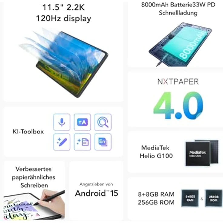 TCL NXTPAPER 11 Plus, 11,5 Zoll Tablet mit MediaTek Prozessor, 256 GB Speicher, 8 GB RAM, Wi-Fi 5, Android 15, grau – Bild 3