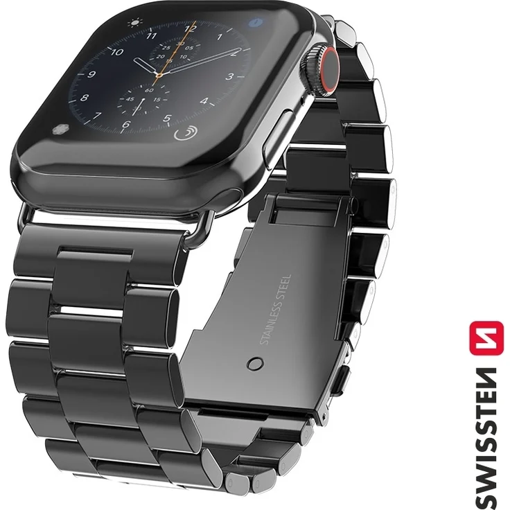 Swissten Metallarmband für Apple Watch 38-41 mm, elegantes schwarzes Edelstahlarmband mit präziser Schließe