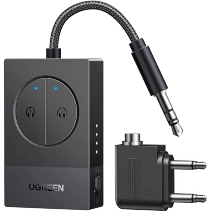 UGREEN Bluetooth Adapter Flugzeug, 5.4 Transmitter mit 3,5-mm Klinke, 19 Stunden Akkulaufzeit, ideal für AirPods und Kopfhörer – Bild 1