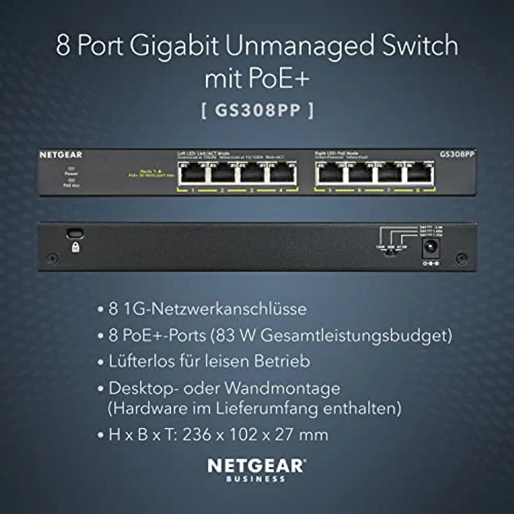 Netgear GS308PP 8 Port Gigabit Ethernet LAN PoE Switch (mit 8x PoE+ 83W erweiterbar, Plug-and-Play, Desktop- oder Rack-Montage, robustes und lüfterloses Metallgehäuse) – Bild 2