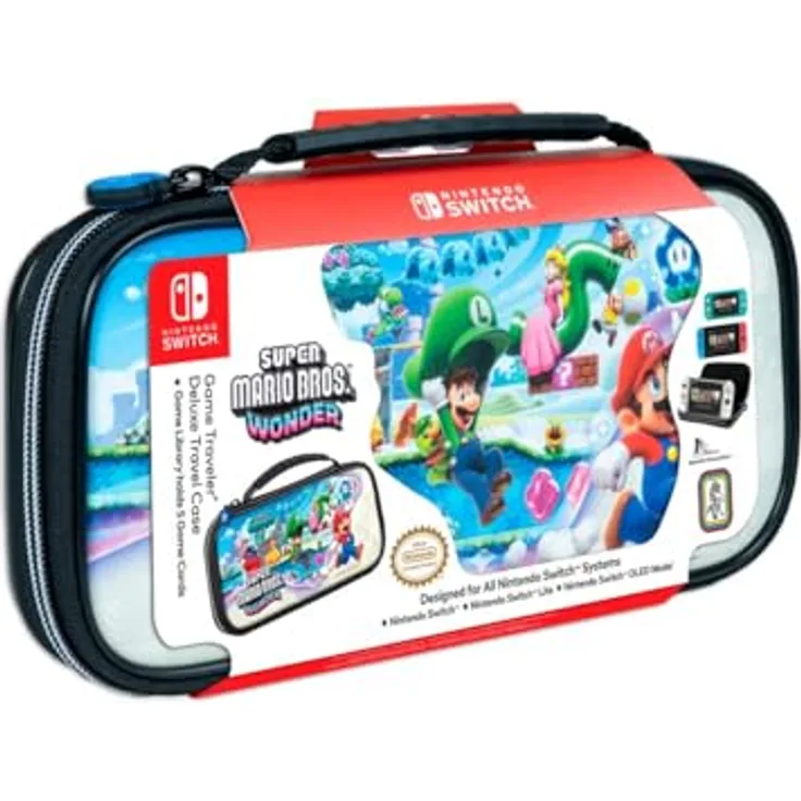 Nintendo RDS NSW Deluxe Travel Case Mario Wonder Case, Schutzhülle für Nintendo Switch, Switch Lite oder Switch OLED, verstellbarer Betrachtungsständer, 5 Spiele Stauraum, Micro-SD-Kartensteckplatz, blaue Farbe