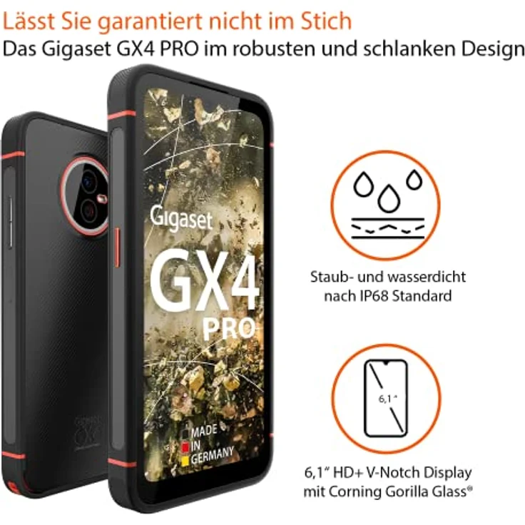 Gigaset GX4 PRO robustes Business-Smartphone 4G - staub- & wasserdicht IP68, Militärnorm - 6,1" HD+ Display mit Gorilla Glass - 128GB+6GB RAM - 48MP Kamera - 400 std Standby - Android 12, Black – Bild 2