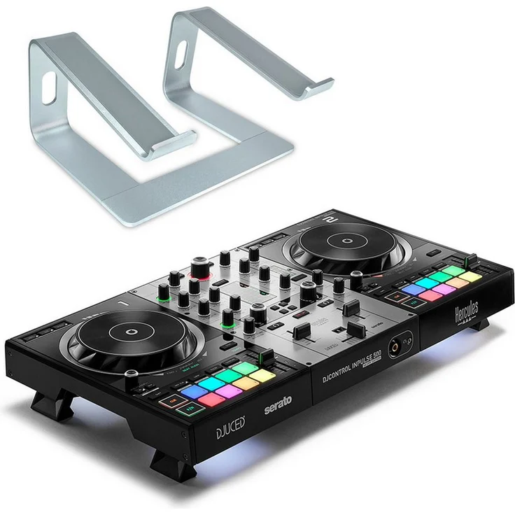 HERCULES DJ Controller Inpulse 500 Silver Edition, 2-Deck USB DJ Controller mit 16 RGB Pads, inkl. Laptopständer und Software