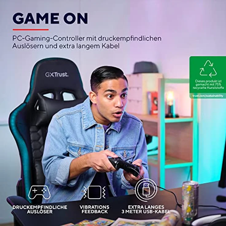 Trust Gaming GXT 541 Muta PC Controller Kabelgebunden, 75% Recycelten Materialien, 3m USB-Kabel, 15 Tasten, Vibrations-Feedback, Joystick Gamepad mit Kabel für Computer, Laptop, Windows 10/11 – Bild 2