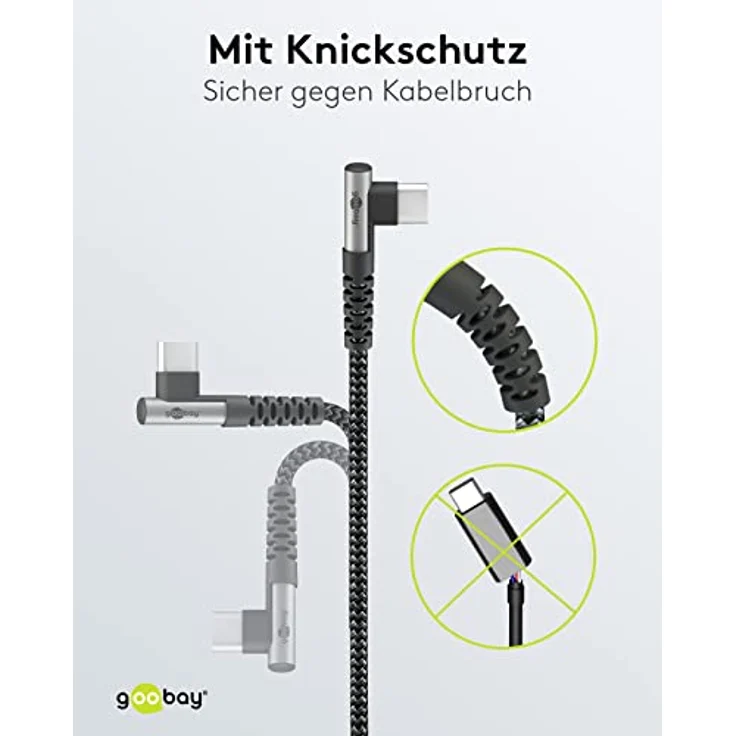 goobay 64658 USB C auf USB C Kabel mit 90 Grad Winkel/Handykabel 480 Mbits/USB C Schnellladekabel Samsung 60W & 20V / Textilkabel Grau 0,5m – Bild 3