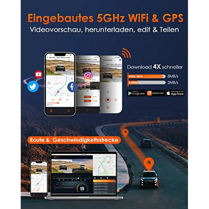 VANTRUE E3 3 Lens 2.7K Dashcam mit 5GHz WiFi, 1944P+1080P+1080P Dash Cam, Sprachsteuerung Dashcam Auto Vorne Hinten, IR Nachtsicht, 24Std. Puffer Parkmodus Autokamera, Loopaufnahme, Max 512G – Bild 5