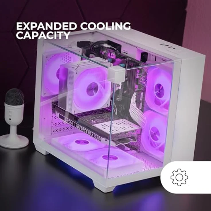 Mars Gaming MC-VISIONM, Kompaktes Mini-Tower PC-Gehäuse mit Panoramadreh-Glas, Weiß, Unterstützung für bis zu 240 mm Flüssigkeitskühlung und 330 mm Grafikkarten – Bild 3