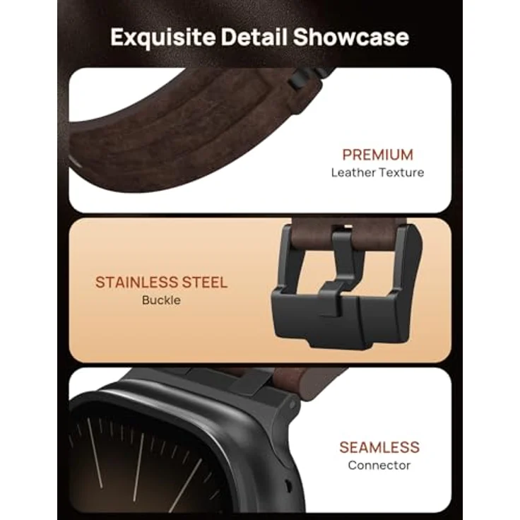 Astorgos Hochwertiges Leder Armband für Apple Watch Ultra, S11/S10, 9/8/7, SE3/SE2, 3/2/1, 49mm-42mm, Schwarz/Dunkelbraun, aus verrücktem Pferdeleder mit Metallverschluss – Bild 3