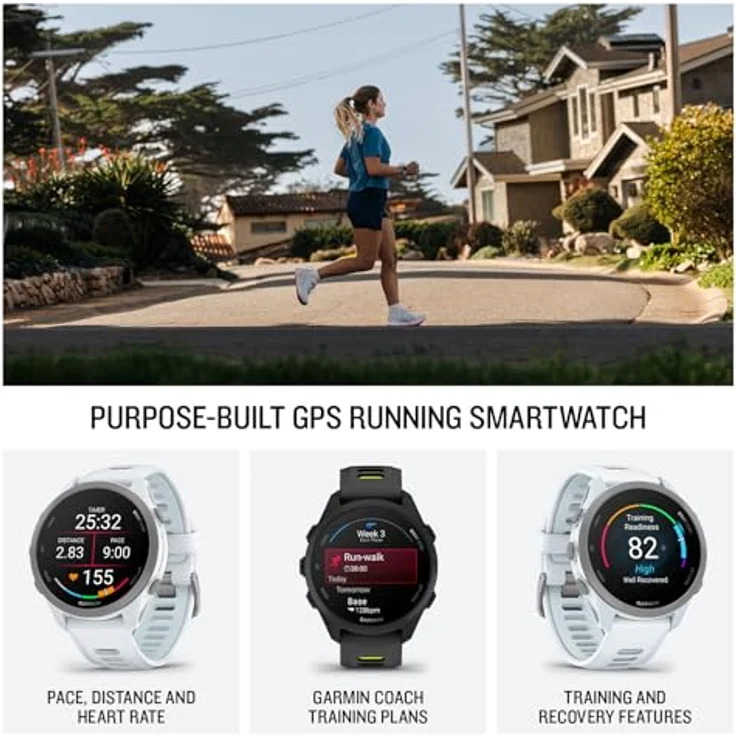 Garmin Forerunner® 170 Music, Smartwatch für GPS-Lauf mit AMOLED Touchscreen, erweiterte Trainingsmetrik, Recovery-Erkenntnisse und Musikspeicherung, Whitestone mit Whitestone/Cloud Blue Band – Bild 2