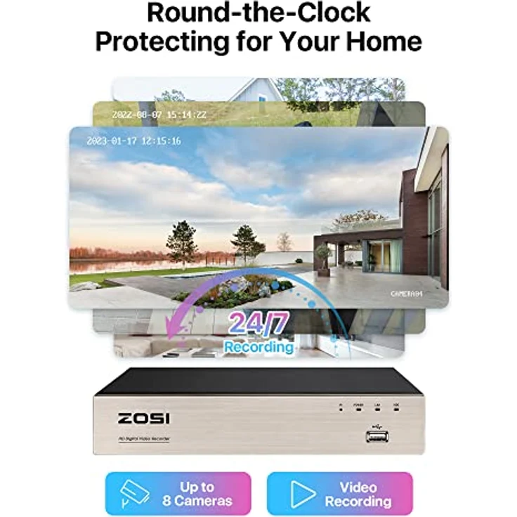 ZOSI Z1080P, Außen Video Überwachungskamera Set mit 8CH DVR Recorder, 1TB Festplatte, 4x 2MP Sicherheitskameras, Bewegungserkennung, wetterfest IP66 – Bild 5