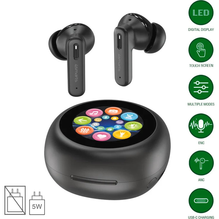4Smarts TWS Bluetooth Kopfhörer - SkyBuds Screen ANC schwarz, Touchscreen, Freisprechsteuerung, aktive Geräuschunterdrückung