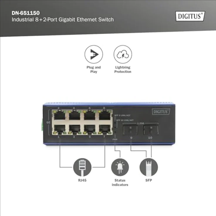 DIGITUS industrieller 10 Port Gigabit Ethernet Switch - 8 RJ45 Ports - 2 SFP-Ports - IP40 Schutzklasse - 10/100/1000 Mbps - Hutschienenmontage - schwarz/blau – Bild 2