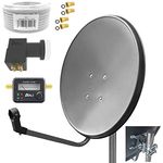 ARLI 60cm HD Satellitenantenne Quad LNB mit 15m Koaxialkabel 135dB, inkl. Satfinder und 4 F-Steckern, grau, für 4 Teilnehmer, UHD 4K
