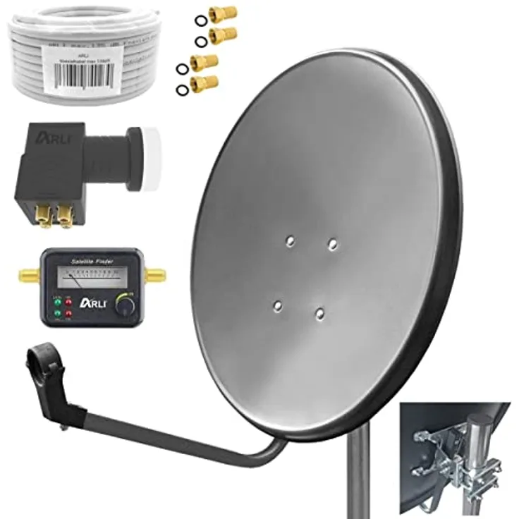 ARLI 60cm HD Sat Anlage Quad LNB + 20m Koaxialkabel 135dB + Satfinder + 4 F-Stecker Digital 4 Teilnehmer Antenne Grau UHD 4K