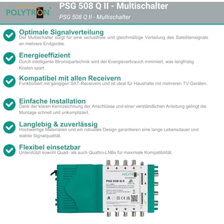 Polytron PSG 508 Q II, Multischalter für 1 Satelliten und bis zu 8 Teilnehmer, 4 SAT und 1 terrestrischer Eingang – Bild 4