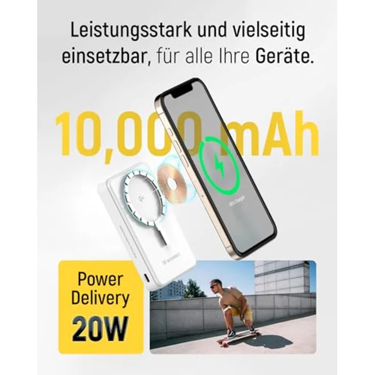 Wozinsky WLWP-10KA0Y3S Powerbank 10000 mAh, 22,5W PD, Qi2, mit Ständer, 1x USB-A, 1x USB-C, weiß – Bild 2