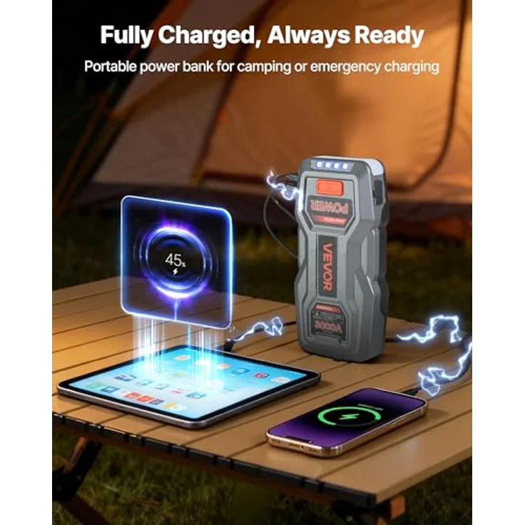 VEVOR Starthilfe Powerbank H18, 3000A Spitzenstrom mit LED-Taschenlampe, für Motoren bis 9L Benzin/7L Diesel, 16000mAh, tragbarer Booster mit Schnellladung und Sicherheitsschutz – Bild 5