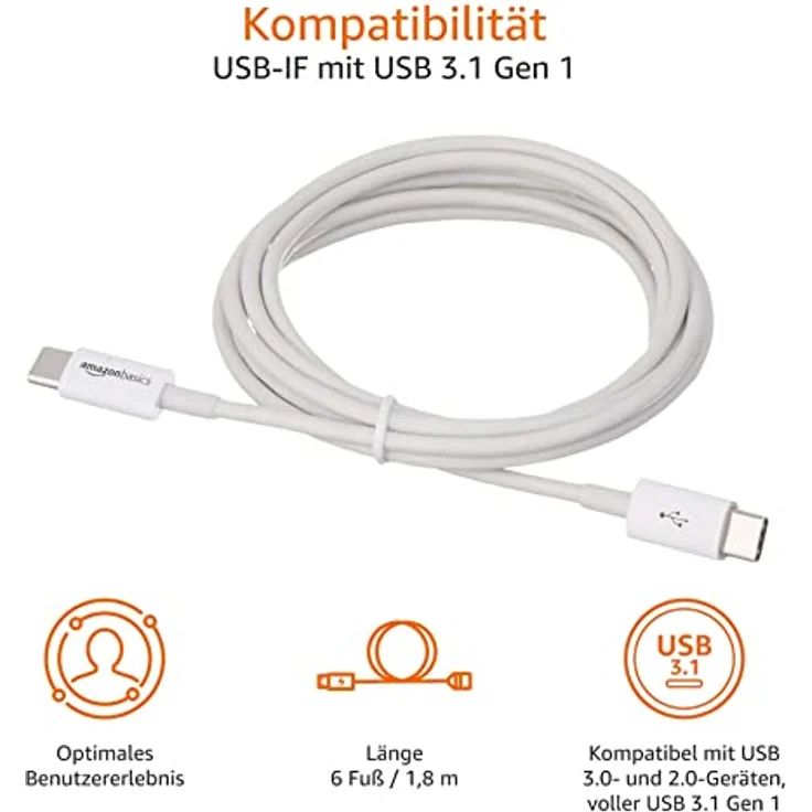 AmazonBasics - Verbindungskabel, USB Typ C auf USB Typ C, USB 2.0, 1,8 m, Weiß – Bild 3