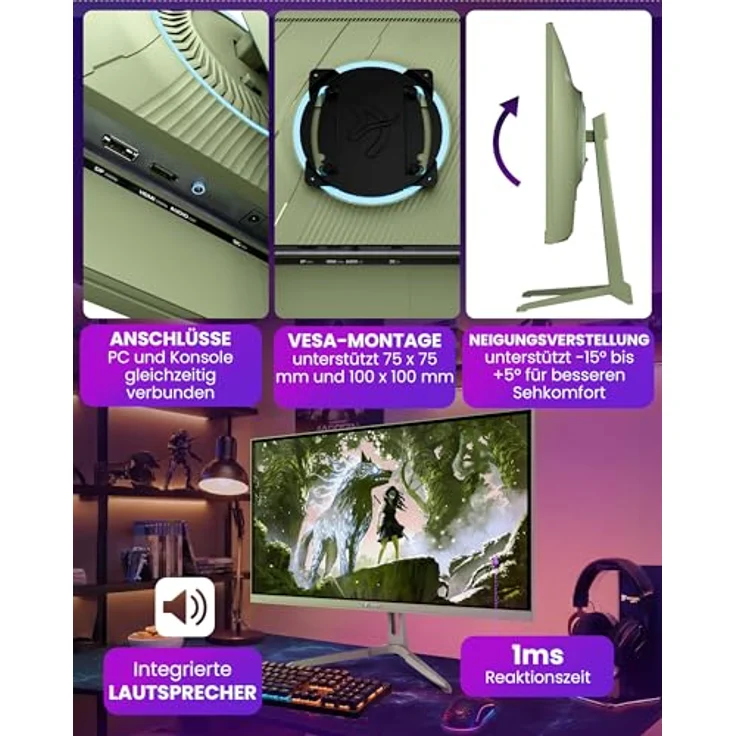 Arozzi Nova 24" Gaming Monitor, IPS 200Hz, Full HD 1080p, Adaptive Sync, HDR10, flimmerfrei, 99% sRGB, waldgrün – Bild 3