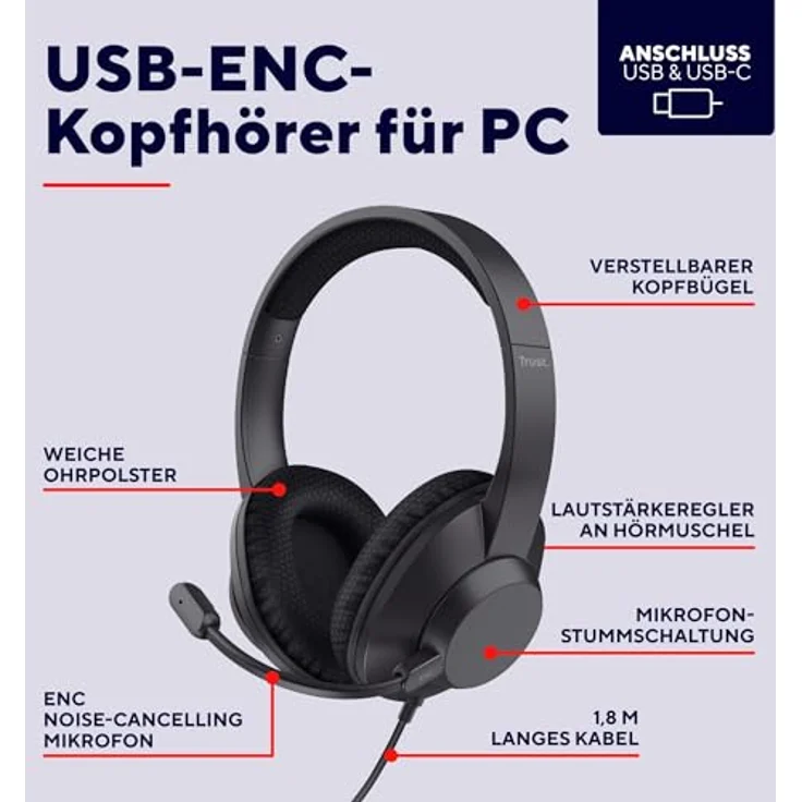 Trust Ayda Max USB Headset, Over-Ear Kopfhörer mit Noise Cancelling ENC Mikrofon, 1,80m Kabel, 85% Recyclingkunststoff, Schwarz – Bild 2