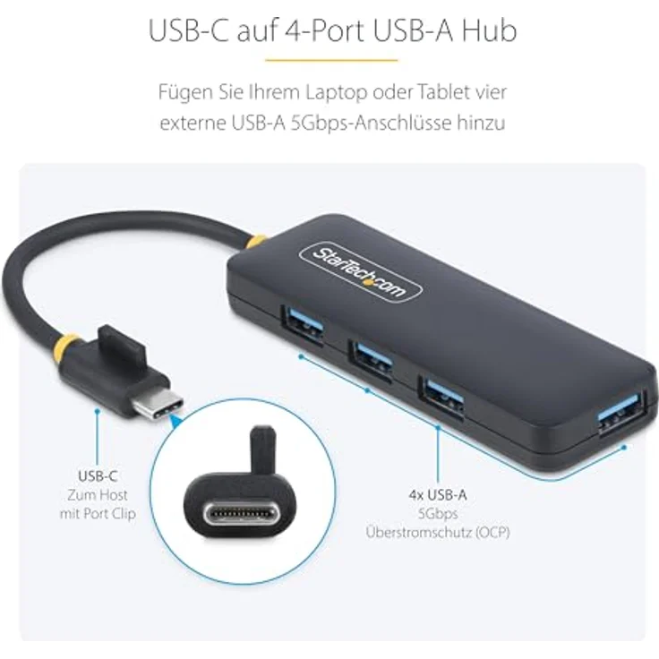 StarTech.com 4-Port USB-C Hub, Mini USB 3.0 Splitter mit integriertem USB-C-Kabel, kompakt und busbetrieben – Bild 3