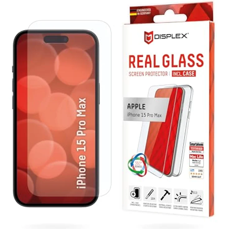 DISPLEX Panzerglas (10H) + Schutzhülle für Apple iPhone 15 Pro Max, kratzresistente Schutzfolie mit Montagerahmen – Bild 1
