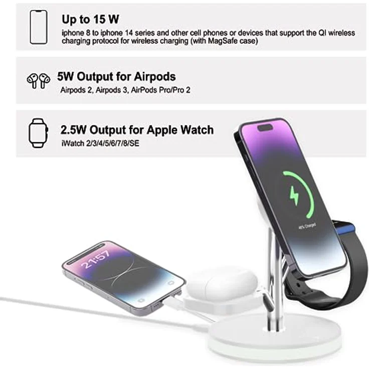 PUCHIKA 4 in 1 Induktive Ladestation für iPhone AirPods Apple Watch MagSafe Wireless Charger (inkl. 18W/QC 3.0 Schnelllade-Adapter und Typ-C-Ladekabel) – Bild 3