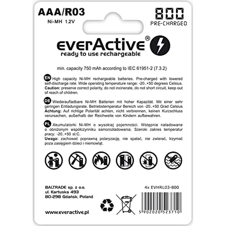 everActive Akku AAA 800 mAh 4 Stück, NI-MH, Micro R03, wiederaufladbar, vorgeladen, Silver Line 1.2V, 1 Blisterkarte – Bild 4