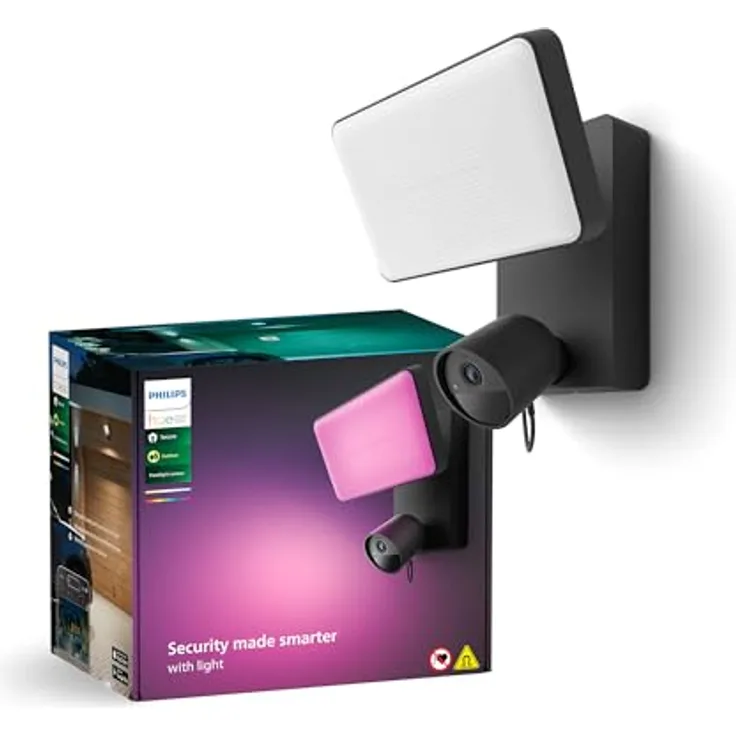 Philips Hue Secure Outdoor Flutlicht mit integrierter 1080p Smart Home Sicherheitskamera, schwarz, für den Außenbereich, Zwei-Wege-Gespräch, per Hue App steuerbar