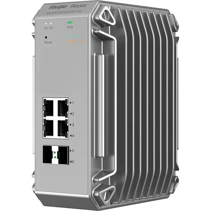 Ruijie Reyee 6-Port Industrie-Switch, 4x Gbit, 2x SFP, PoE+ 120W, bis 80°C, vollständig verwaltbar