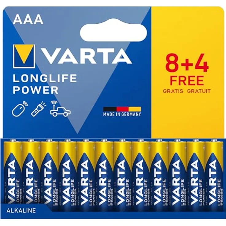Varta Batterien AAA, 12 Stück, Longlife Power, Alkaline, ideal für Spielzeug, Funkmaus, Taschenlampen, Made in Germany