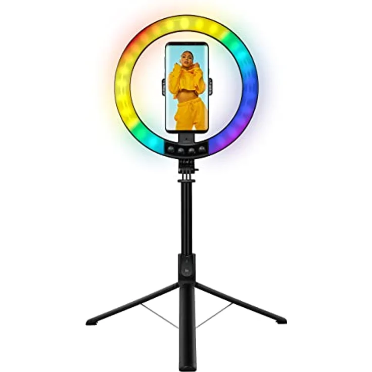 LogiLink AA0156 Ringleuchte, zusammenklappbares LED-Ringlicht mit ausziehbarem Selfie-Stick-Stativ und Farbwechselfunktion, Schwarz – Bild 1