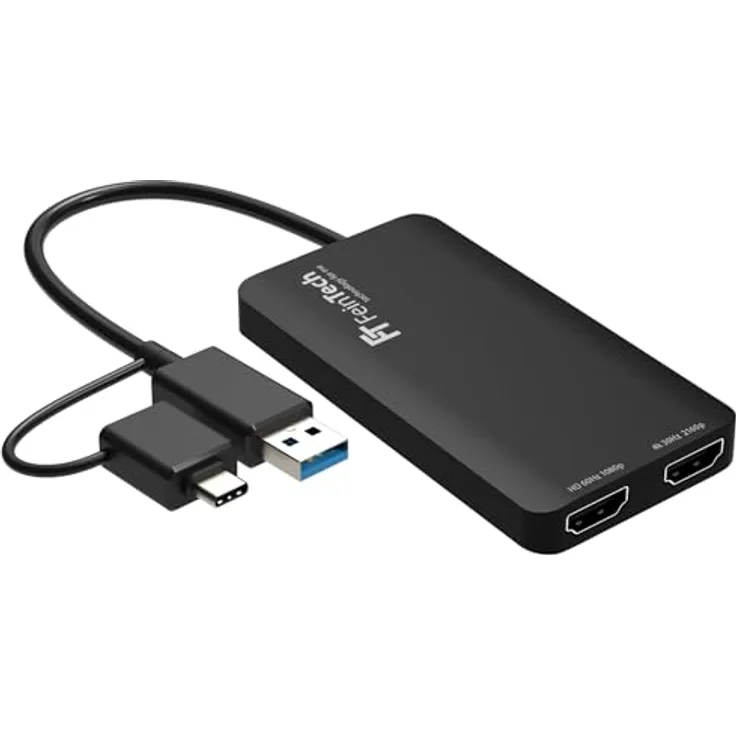 FeinTech CX200 USB Dual HDMI Adapter Splitter, 2 Monitore gleichzeitig, 1920x1080 @ 60Hz und 3840x2160 @ 30Hz für PC & Mac