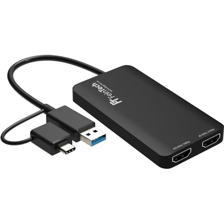 FeinTech CX200 USB Dual HDMI Adapter Splitter, 2 Monitore gleichzeitig, 1920x1080 @ 60Hz und 3840x2160 @ 30Hz für PC & Mac – Bild 1