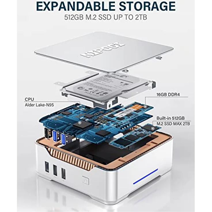 NiPoGi GK3 Plus Mini PC 16GB RAM 512GB M.2 SSD, 12th Gen Intel Alder Lake-N95 (bis zu 3,4 GHz) Mini PC Windows 11 Pro, 2X HDMI+VGA, 4K UHD, WiFi 5, BT 4.2, VESA/Home/Business Mini-Desktop-Computer – Bild 4