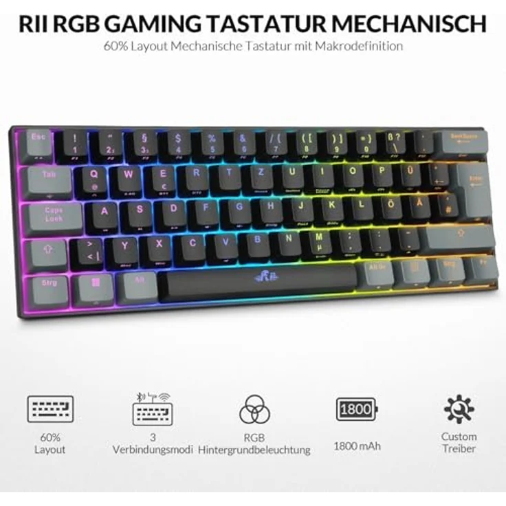 Rii Mechanische Gaming Tastatur, 60% Kabellos mit RGB Beleuchtung, Rote Schalter und N-Key Rollover für PC/Laptop/PS4/PS5, QWERTZ, Schwarz Grau (Bluetooth/2.4G/Kabel) – Bild 2