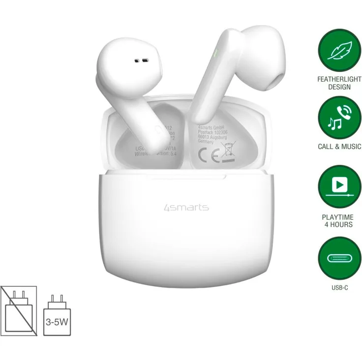 4smarts SkyBuds Air, True Wireless Stereo (TWS) Kopfhörer mit Touchsteuerung, 20 Stunden Akkulaufzeit, Weiß