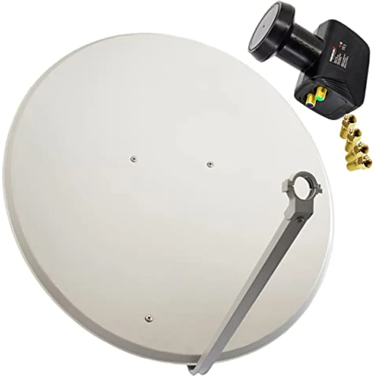 PremiumX Satellitenanlage PXS100, 100cm Stahl Antenne in Hellgrau mit Twin LNB und 4x vergoldeten F-Steckern – Bild 1
