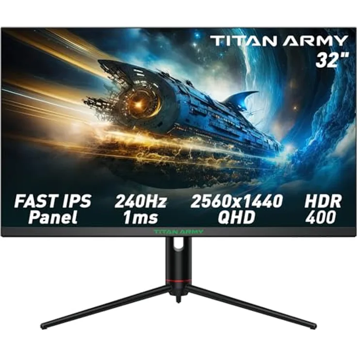 TITAN ARMY P32A2S2 Gaming Monitor, 32 Zoll, 240Hz 1440P QHD, Fast IPS, 1ms GTG, Adaptive-Sync, HDR400, 97% DCI-P3, Low Blue Light, Verstellbarer Ständer, DP & HDMI x2