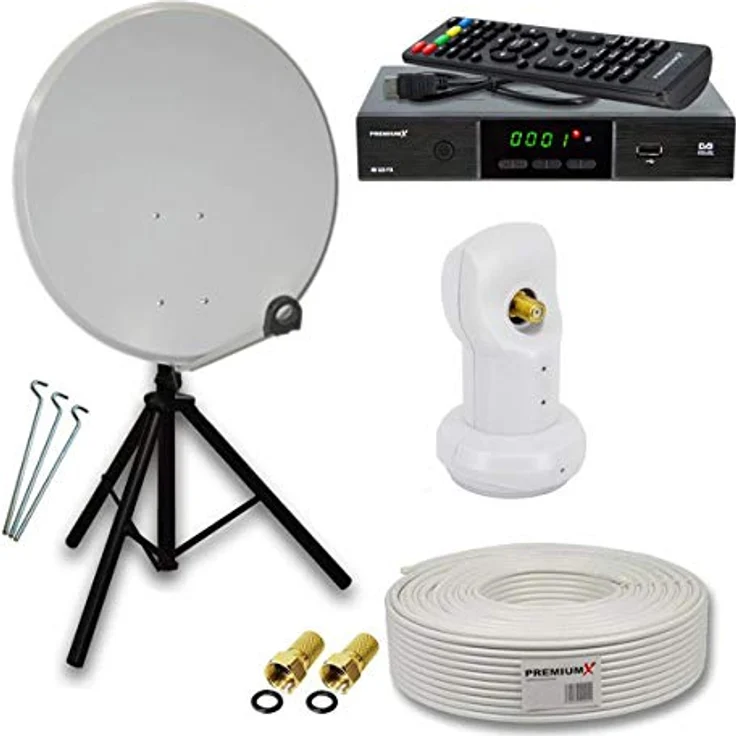 PremiumX Camping Satelliten-Komplettanlage, 45cm Hellgrau, mit Single LNB, HD TV Receiver und Dreibein-Stativ – Bild 1