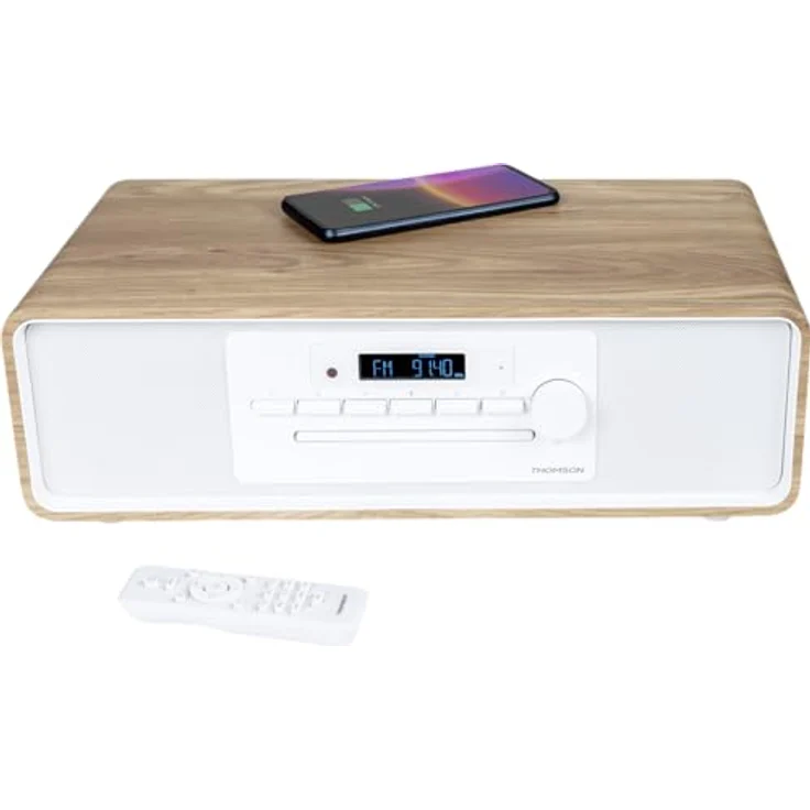 Thomson Micro-Hi-Fi-System MIC301IBT, Bluetooth-Lautsprecher in Weiss und Holz, 10 W RMS-Leistung, FM- und digitales UKW-Radio, Bluetooth, USB-Anschluss, Induktionsladefunktion – Bild 2
