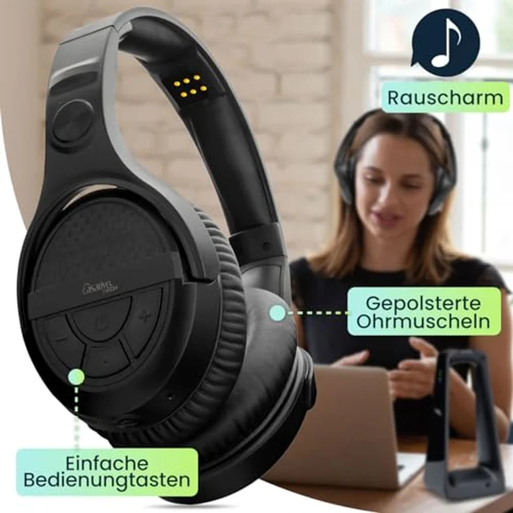 Casativo Digitaler Stereo-Funk-Kopfhörer mit 2-in-1 Funk- & Ladestation, kabellos, 30 m Reichweite, kristallklarer Sound, schwarz – Bild 2