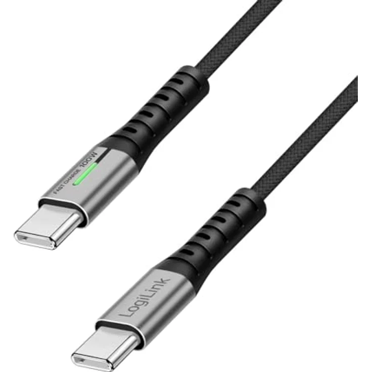 LogiLink CU0431 USB3.2 Kabel, USB-C M/USB-C M, 100W Power Delivery, mit LED-Anzeige, Metallgehäuse, 0,5m, schwarz – Bild 1