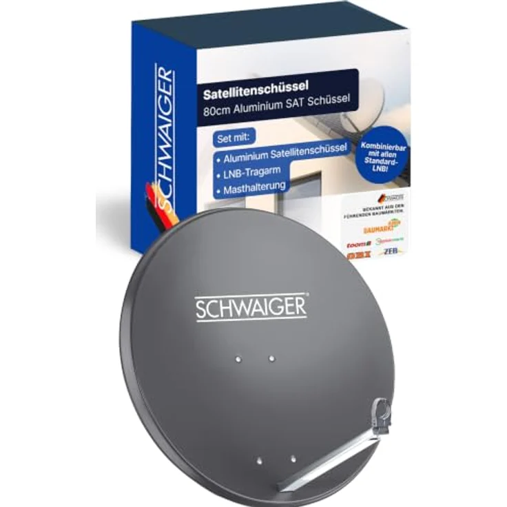 Schwaiger Aluminium Satellitenschüssel 80 cm, Anthrazit, Offset Antenne mit hoher Empfangsreserve und LNB Tragarm – Bild 1
