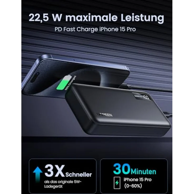 UGREEN Power Bank 20000mAh 22.5W, Externer Handyakku mit USB C Input&Output PD 20W Powerbank mit digitalem Display, kompatibel mit iPhone 16 Pro/Pro Max/16/15/14, Galaxy S24 Ultra, Pixel 8 und mehr – Bild 2