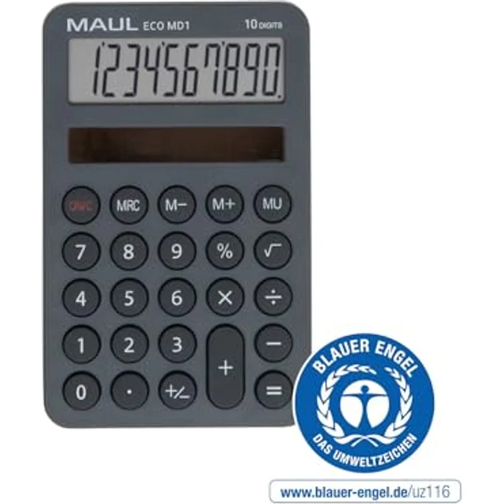 MAUL Taschenrechner Eco MD 1 | Solarrechner mit 10 Stellen und 5 Funktionen | Taschenrechner aus 60% recyceltem Kunststoff | Tischrechner für Büro, Schule | Blauer Engel/uz116 | Grau - Preisvergleich – Bild 2
